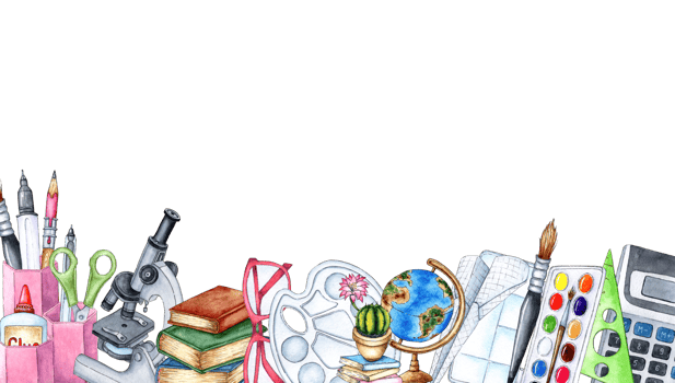 Watercolor illustration frame border bottom with students, school supplies, equipment, stationery. Back to school. Education concept isolated. drawn png