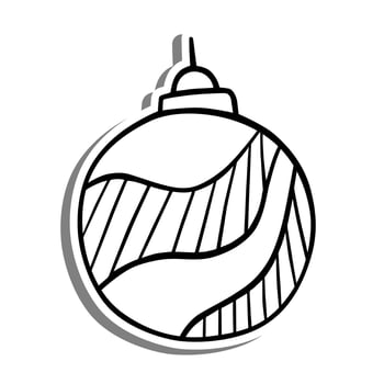 Wave Line Christmas Ball Outline on white silhouette and gray shadow. Hand drawn cartoon style. Vector illustration for decorate and any design.