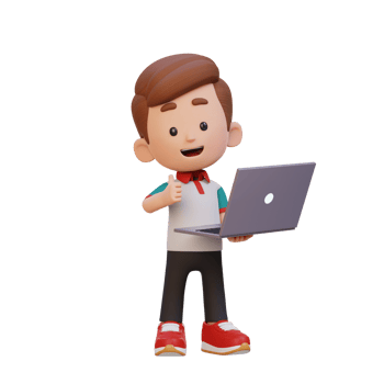 3D cute kid character give a thumb up while holding a laptop png