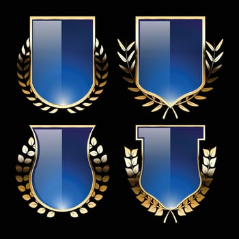 Luxury golden blue shield badges and labels. Retro vintage heraldic shield badge design vector