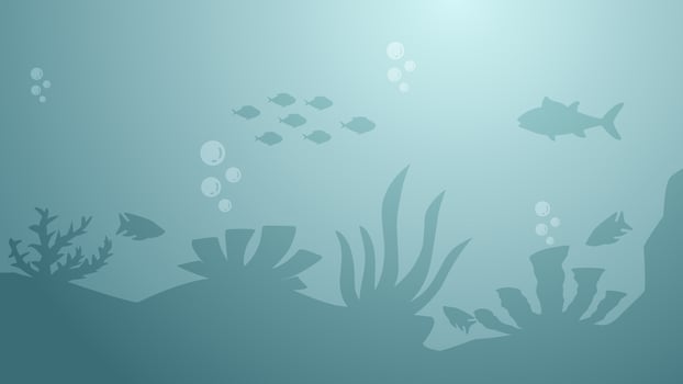 Seascape vector illustration. Scenery of fishes and coral reef in the bottom sea. Underwater panorama for illustration, background or wallpaper