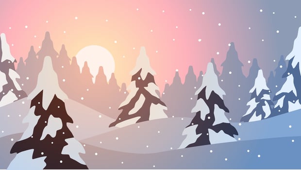 Snowy forest landscape vector illustration. Scenery of snow covered pine forest in winter season. Winter forest panorama for illustration, background or wallpaper