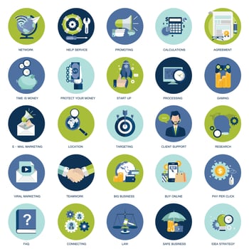 Set of flat design icons for business, pay per click, creative process, searching, web analysis, time is money, on line shopping. Icons for website development and mobile phone services and apps. vector