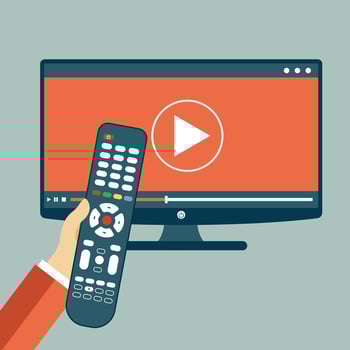 Hand holding remote control. TV icon concept. Play icon on television. Smart TV concept. Flat vector illustration
