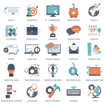 Set of flat design icons for business, pay per click, creative process, searching, web analysis, time is money, on line shopping. Icons for website development and mobile phone services and apps. vector