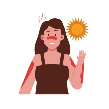 woman get sunburn with hot weather from uv sun for sensitive skin damage illustration vector