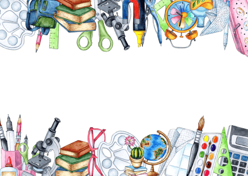 Watercolor illustration frame border top bottom with students, school supplies, equipment, stationery. Back to school. Education concept isolated. drawn png