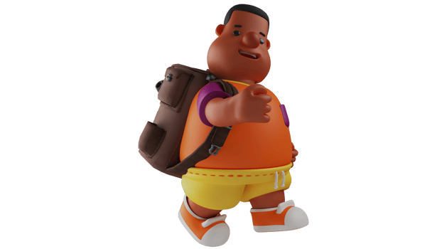 3D illustration. Fat Boy 3D Cartoon Character. Chubby, brown-skinned students look charming. Diligent student walk to school. Cool student walking and smiling happily. 3D cartoon character png