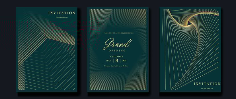 Luxury invitation card background vector. Golden elegant geometric shape, gold lines gradient on green background. Premium design illustration for gala card, grand opening, party invitation, wedding. vector