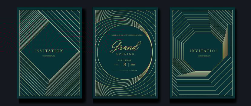Luxury invitation card background vector. Golden elegant geometric shape, gold lines gradient on green background. Premium design illustration for gala card, grand opening, party invitation, wedding. vector