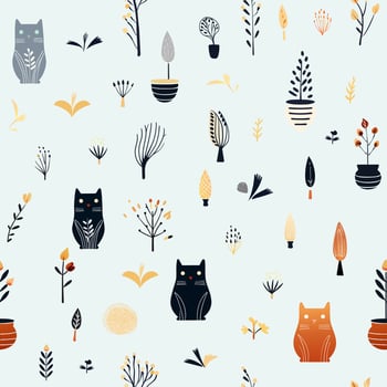 Cute seamless cat art decorated with potted plants. vector