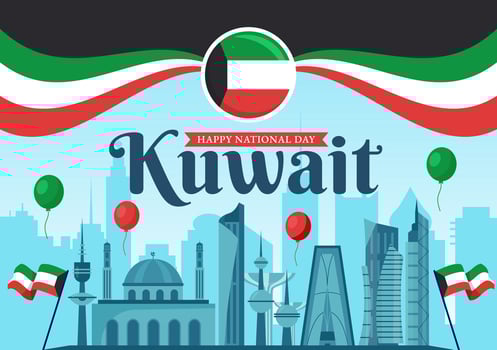 National Kuwait Day Vector Illustration on February 25th with Landmark, Waving Flag and Independence Celebration in Flat Cartoon Background