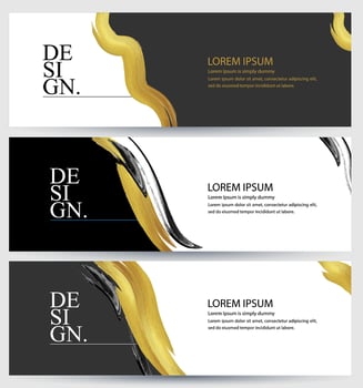 three black and gold banners with a black and gold paint stroke vector