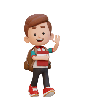 3D happy kid character walking go to school holding book and waving hand png