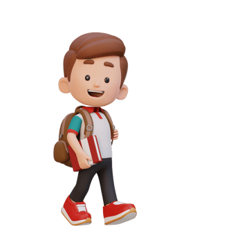 3D happy kid character walking go to school holding book png