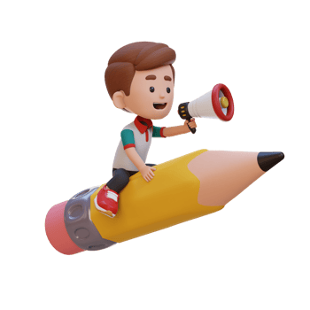3D kid character riding a pencil and holding megaphone png