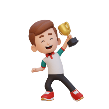 3D kid character celebrating win holding a trophy png