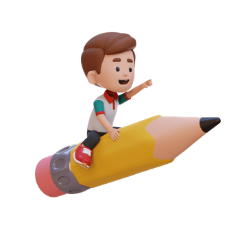3D kid character riding a pencil and pointing hand png