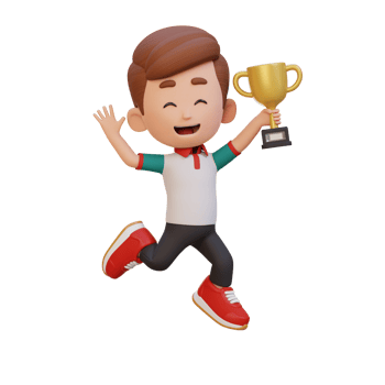 3D kid character celebrating win holding a trophy png