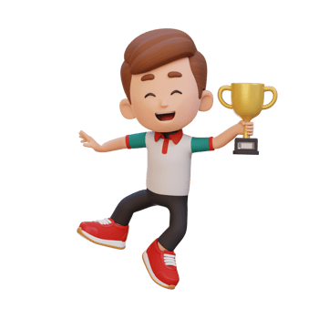 3D kid character celebrating win holding a trophy png