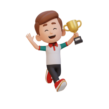 3D kid character celebrating win holding a trophy png