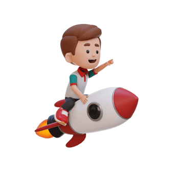 3D kid character riding a rocket and pointing hand png
