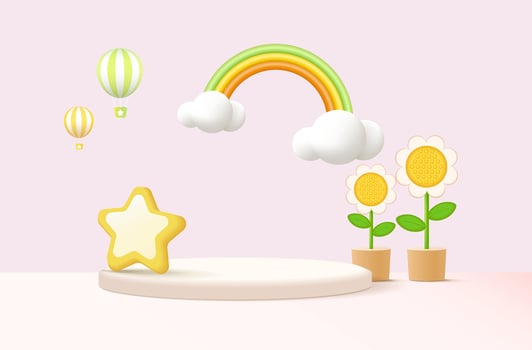 3D rendering podium kid style with colorful pastel background, clouds and weather with space for kids or baby product vector