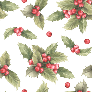 Watercolor painted illustration of red holly leaves and berries. Seamless pattern. Traditional plant for Christmas or New Year decor, gift wrapping, cover art, wallpaper. png
