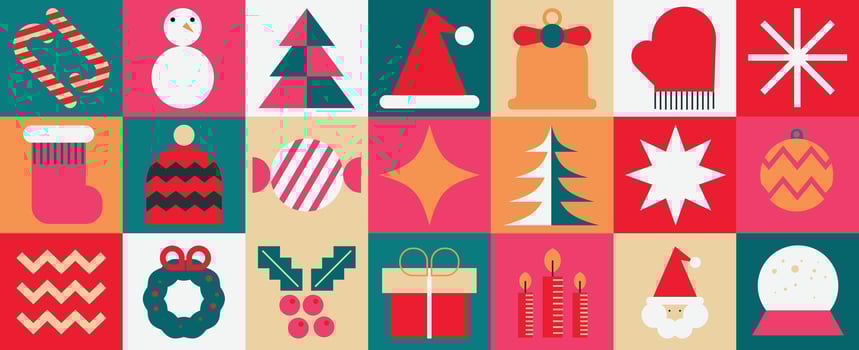 Merry Christmas and happy new year pattern background vector. Decorative elements of snowflake, snowman, bell, santa, wreath. Design for banner, card, cover, poster, advertising.wallpaper, packaging. vector