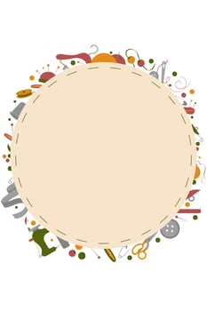 circle frame from embroidery and sewing elements with copy space. template sewing and knitting tools and accessories. Vector illustration for tailoring atelier, fashion design, sewing courses.