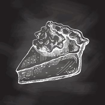 Hand-drawn sketch of piece of traditional pumpkin pie with cream topping on chalkboard background. Vector illustration.  Dessert food for recipes, restaurant. Food for Thanksgiving, Christmas