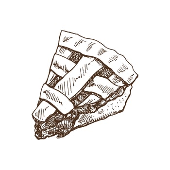 Hand-drawn sketch of piece of traditional apple pie with cream topping. Vector illustration of baking. Homemade bakery drawing. Dessert food for recipes, restaurant. Food for Thanksgiving, Christmas