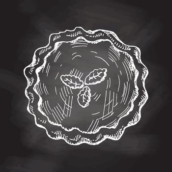 Hand-drawn traditional pumpkin pie sketch on chalkboard background. Vector illustration. Homemade cake, bakery. Top view food for restaurant or cafe menu. Traditional food for Thanksgiving, Christmas.