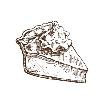 Hand-drawn sketch of piece of traditional pumpkin pie with cream topping. Vector illustration of baking. Homemade bakery drawing. Dessert food for recipes, restaurant. Food for Thanksgiving, Christmas