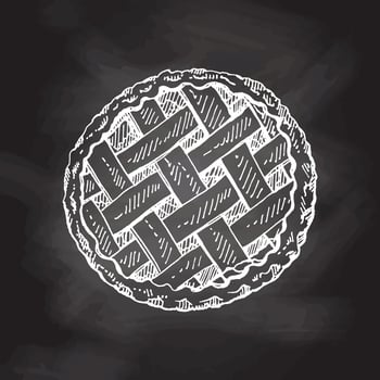 Hand-drawn traditional apple pie sketch on chalkboard background. Vector illustration of baking. Top view food for recipes, restaurant or cafe menu. Traditional food for Thanksgiving, Christmas.