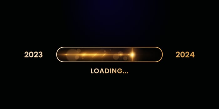 2024 Happy New Year gold blaster progress bar. 2023 to 2024 bar. Greeting Card, Banner, Poster. Vector Illustration.
