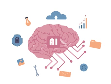 Artificial intelligence concept. AI brain software. Advanced technologies of the future. Data cloud, picture generator, chat bot, ideas. Cyber security. Flat vector illustration.