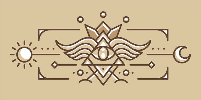 sacred all seeing eye illustration. Ancient Egypt vintage art hipster line art Illustration vector with eye of horus with Sacred scarab wings wall art design in outline artwork