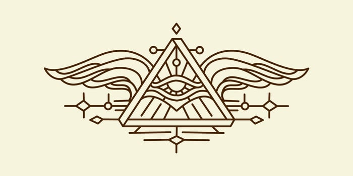 sacred all seeing eye illustration. Ancient Egypt vintage art hipster line art Illustration vector with eye of horus with Sacred scarab wings wall art design in outline artwork