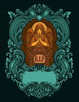Illustration vector angels praying at the tombstone with engraving ornament frame