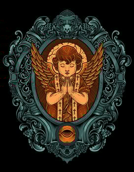 Illustration vector cupid angel praying with engraving ornament frame. Vector design