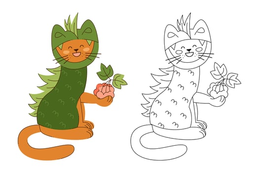 Cute cat character in a dragon costume with a bunch of rowan berries. Color, black and white vector illustration.