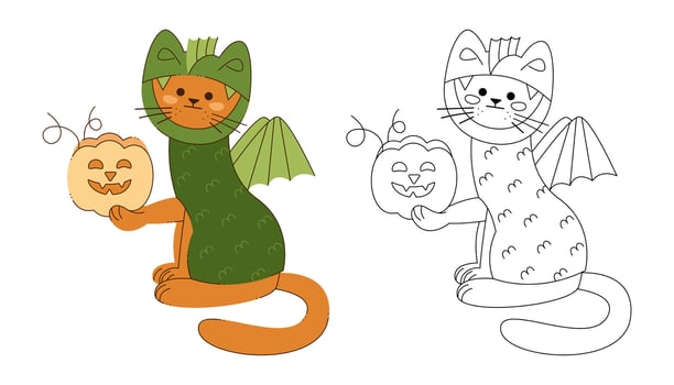 A cat character in a dragon costume with a Halloween pumpkin. Color, black and white vector illustration.