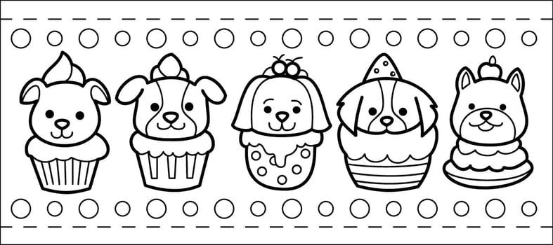 Collection of dog cupcakes, cartoon style, hand drawn vector illustration, cute animal characters on white background