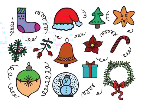 Colorful set of New Year doodle. Isolated on white background. vector