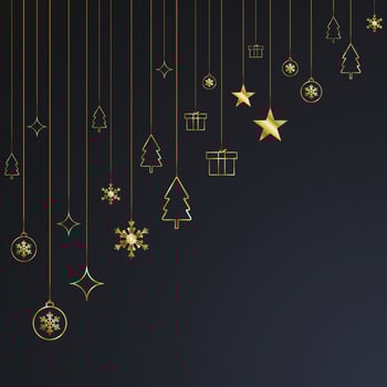 social media post design for Merry Christmas black background with golden stars and golden gift box and balls vector