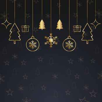 Merry Christmas red background with golden stars and tree with golden balls vector