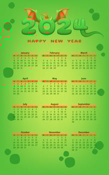A vibrant green 2024 calendar template with a dragon theme, featuring months, days, and Chinese zodiac. The design blends abstract fun elements with children motifs. Not AI generated. vector