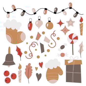 Christmas decorative elements in flat style. Minimalistic holiday decor for your design in soothing colors. vector