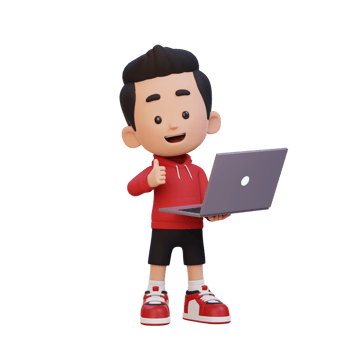 3D cute kid character give a thumb up while holding a laptop png